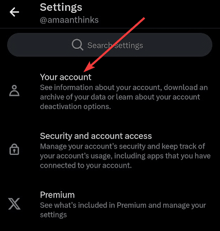 Seção Sua Conta nas configurações do X
