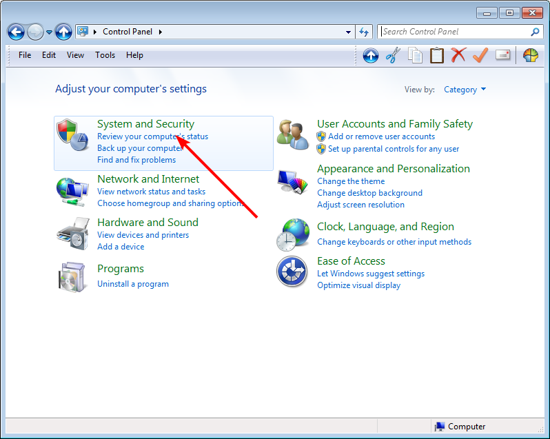 Переход в раздел Система и безопасность