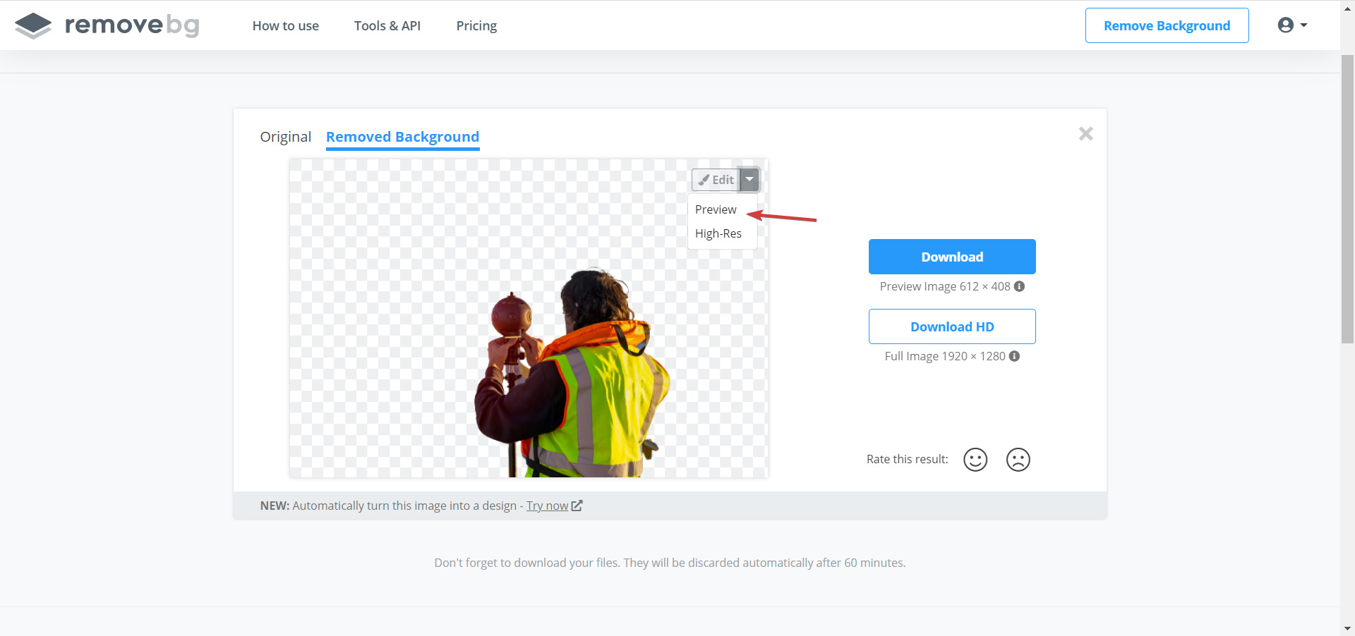 Кнопка Edit и Preview в remove.bg