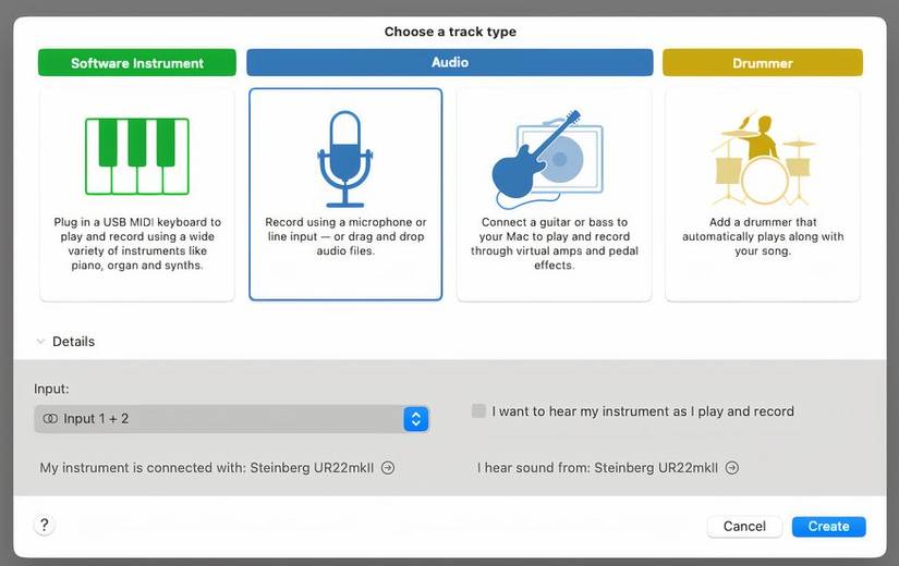 GarageBand - выбираем источник аудиовхода.