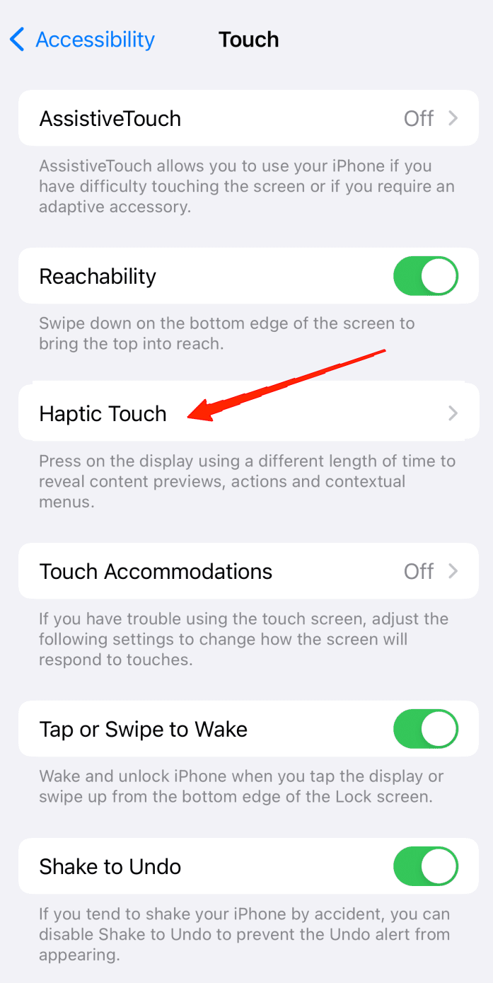 Скриншот: опция Haptic Touch в настройках