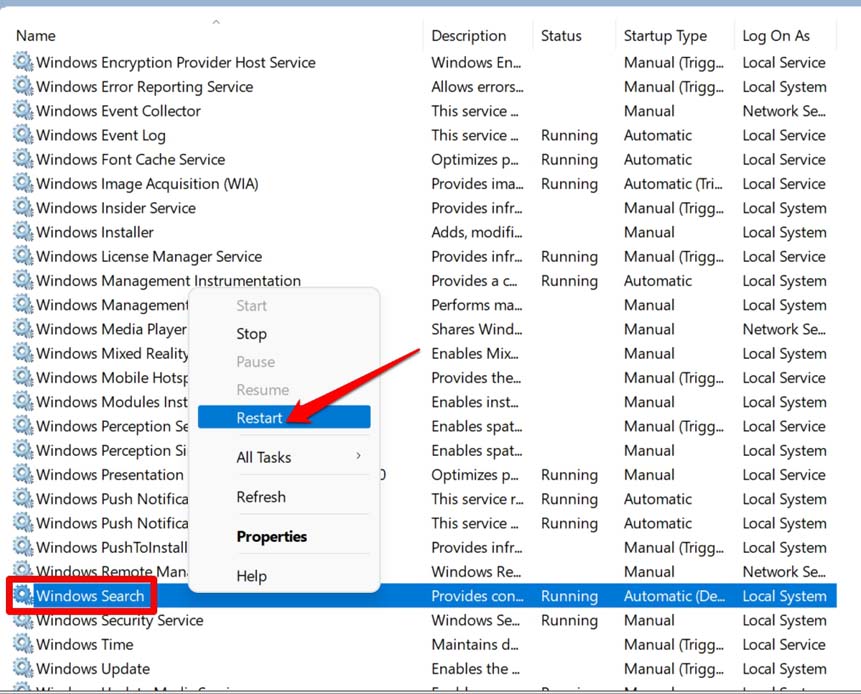 Перезапуск службы Windows Search