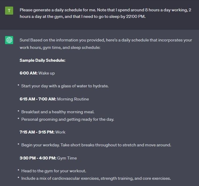 Пример дневного расписания, сгенерированного ChatGPT