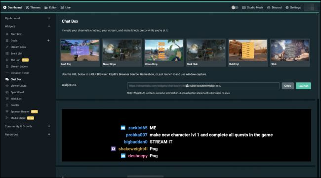 Настройки виджета чат в Streamlabs: стили, темы и CSS