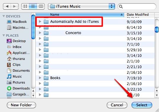 Выбор папки Automatically Add to iTunes как custom location