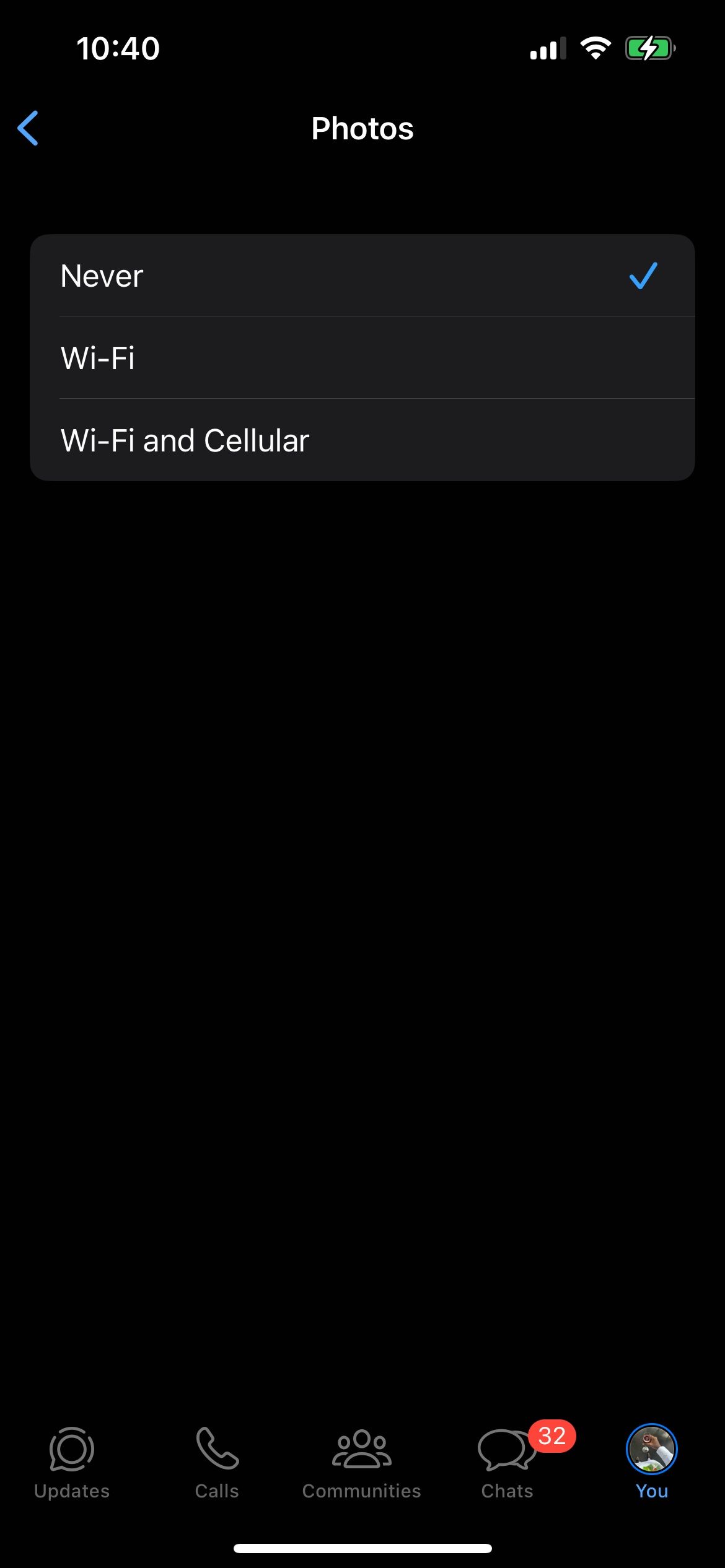 Настройка автозагрузки фото — «Никогда»