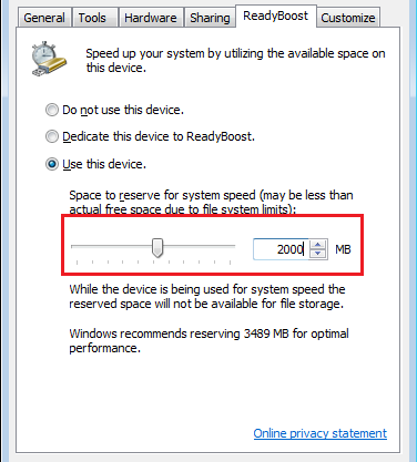 Настройка размера кеша ReadyBoost