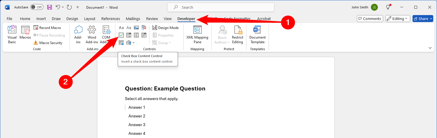 Вкладка Разработчик с выделенной кнопкой флажка для вставки элемента управления. 