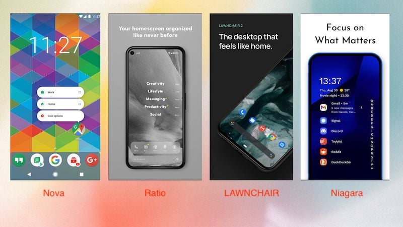 Скриншоты популярных лаунчеров, показывающие разные стили и поведение