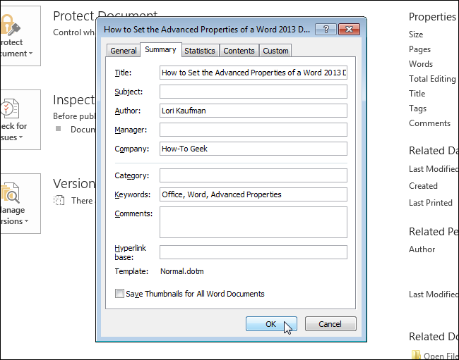 Ввод значений в поля сводки: заголовок, автор, ключевые слова