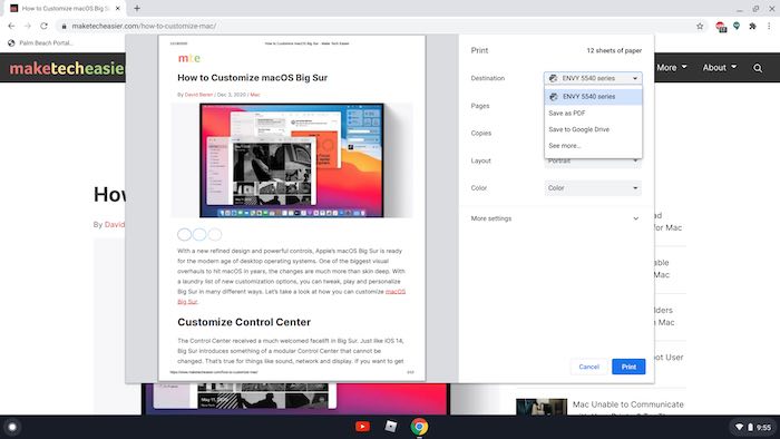 Выпадающий список выбора принтера в диалоге печати Chromebook