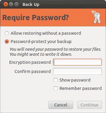 Запрос пароля для шифрования резервной копии