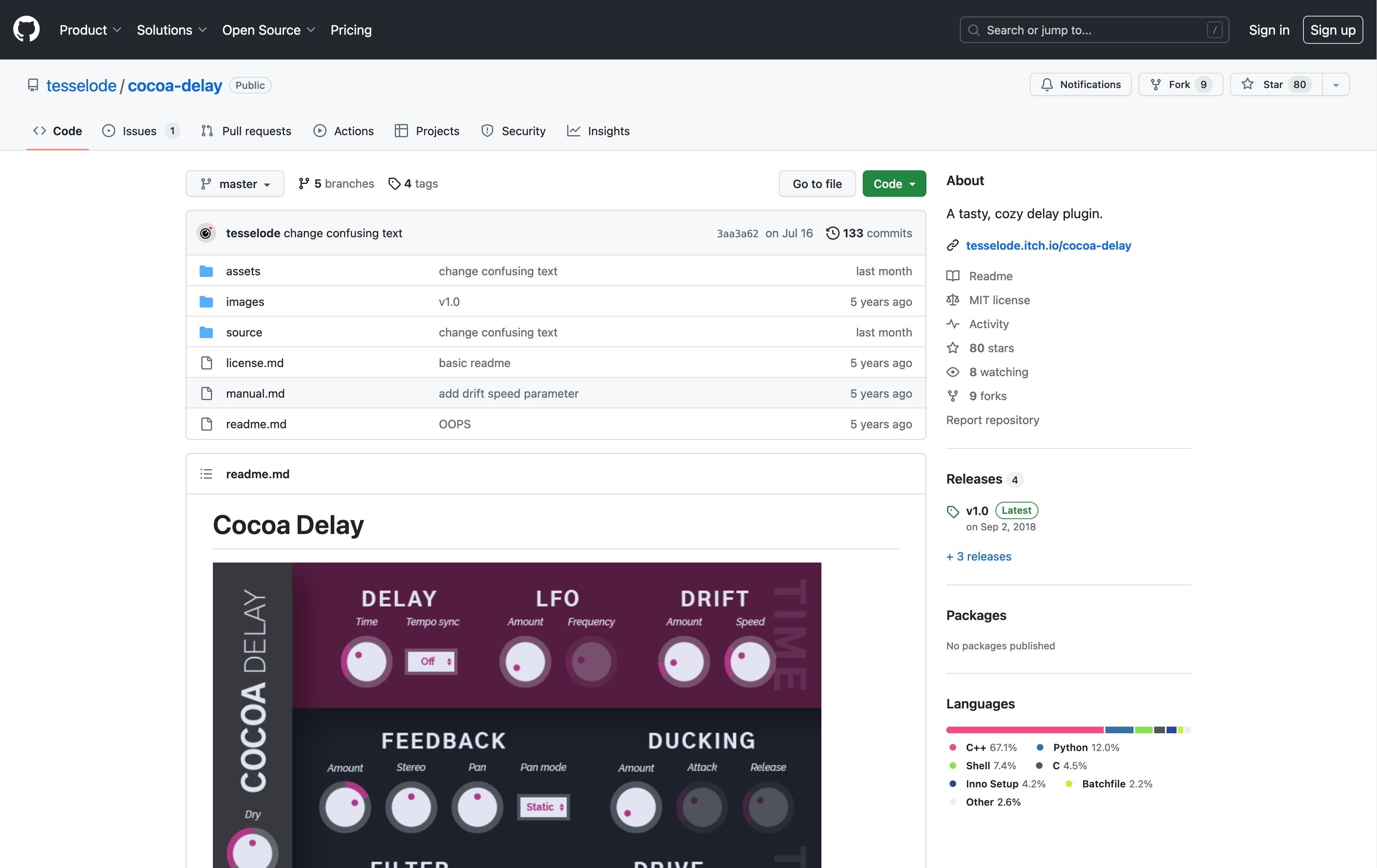 Страница GitHub плагина Cocoa Delay