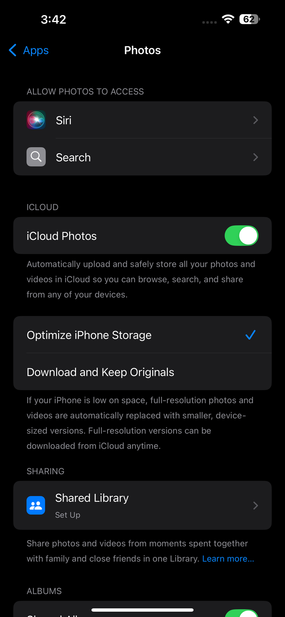 Параметры «Фото» в настройках iPhone