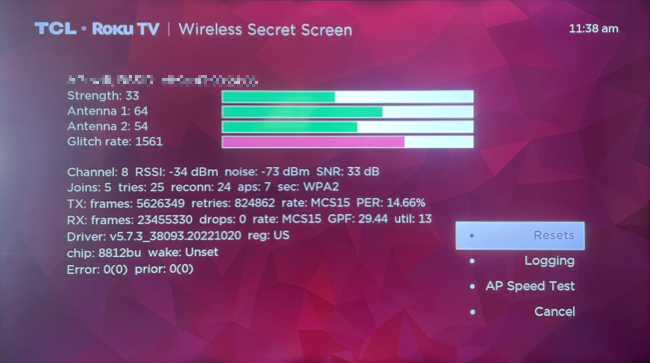 Экран беспроводных параметров Roku