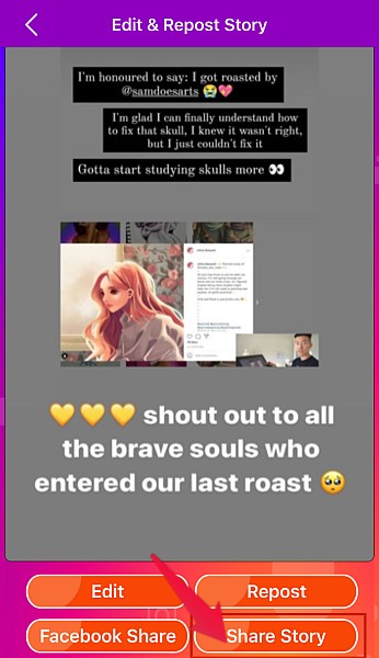 Опция поделиться историей в Repost Stories