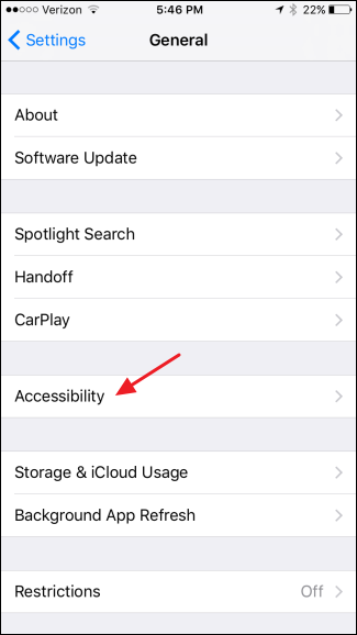 Экран «Универсальный доступ» в iOS — выбор раздела