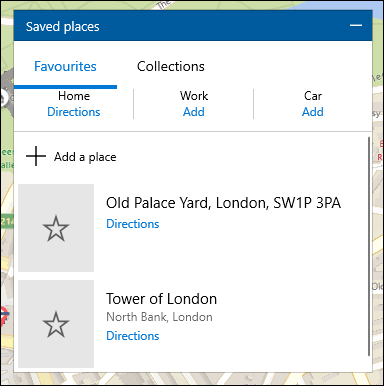 Список сохранённых мест в Windows 10 Maps