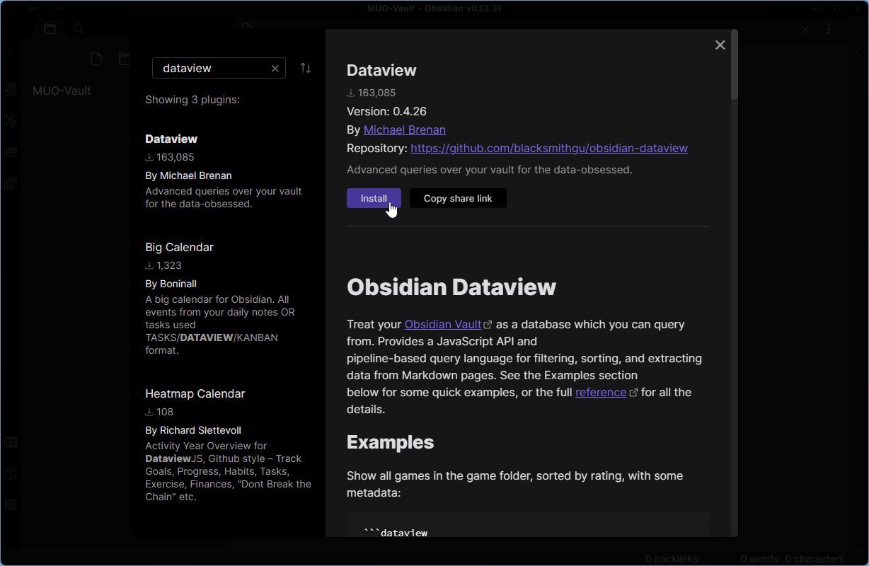 Кнопка установки плагина Dataview в интерфейсе Obsidian