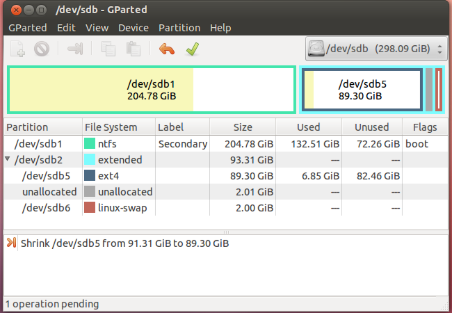 Список ожидающих операций в GParted
