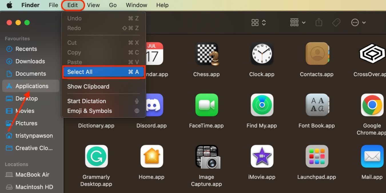 Выделить всё через меню Finder