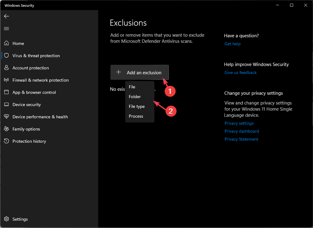 Выбор папки для исключения
