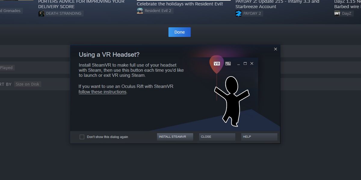 скриншот Steam с всплывающим окном установки SteamVR