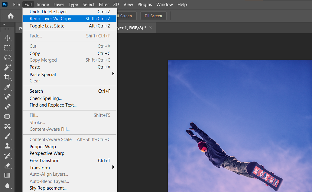 Меню Photoshop: Повторить действие копированием слоя