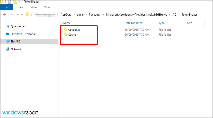 Папки Accounts и Cache в каталоге TokenBroker
