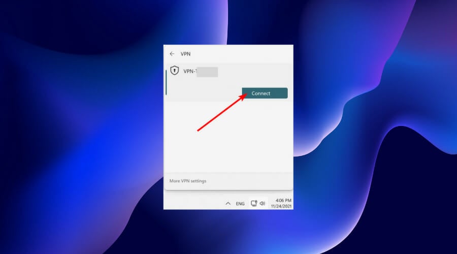 Меню подключения VPN в Windows 11