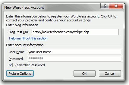 Ввод URL и данных для входа в блог через Word 2010