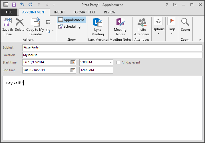 Окно создания события с полем Тема, Местоположение и временем