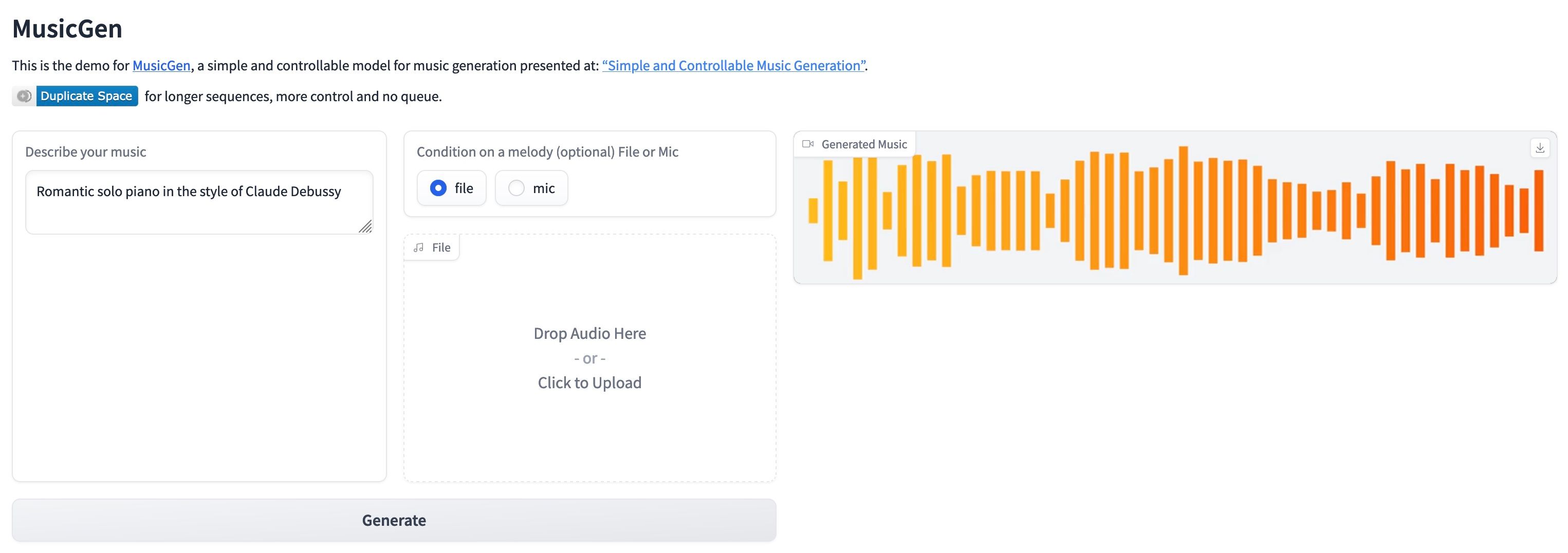 Скриншот веб-интерфейса MusicGen