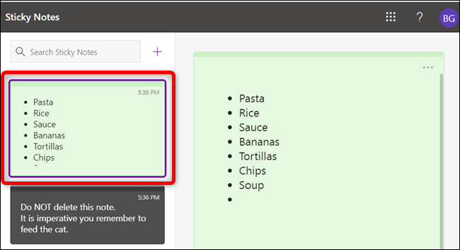 Главная страница Sticky Notes в браузере с панелью заметок слева и содержимым справа