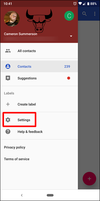 Скриншот: выбор аккаунта для экспорта в Google Contacts