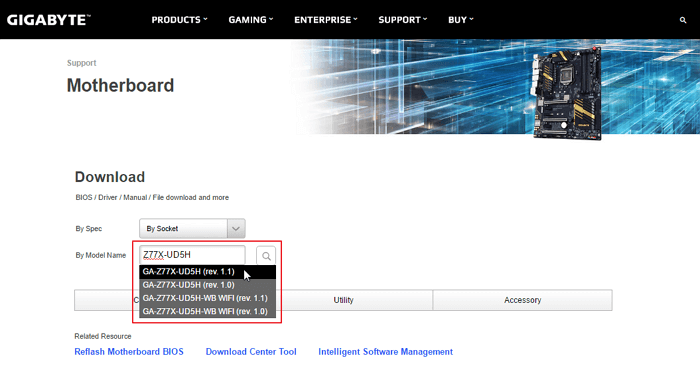 Страница модели материнской платы на сайте производителя