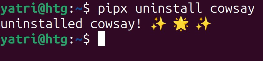 Окно терминала с выводом pipx uninstall, который сообщает об успешном удалении cowsay.