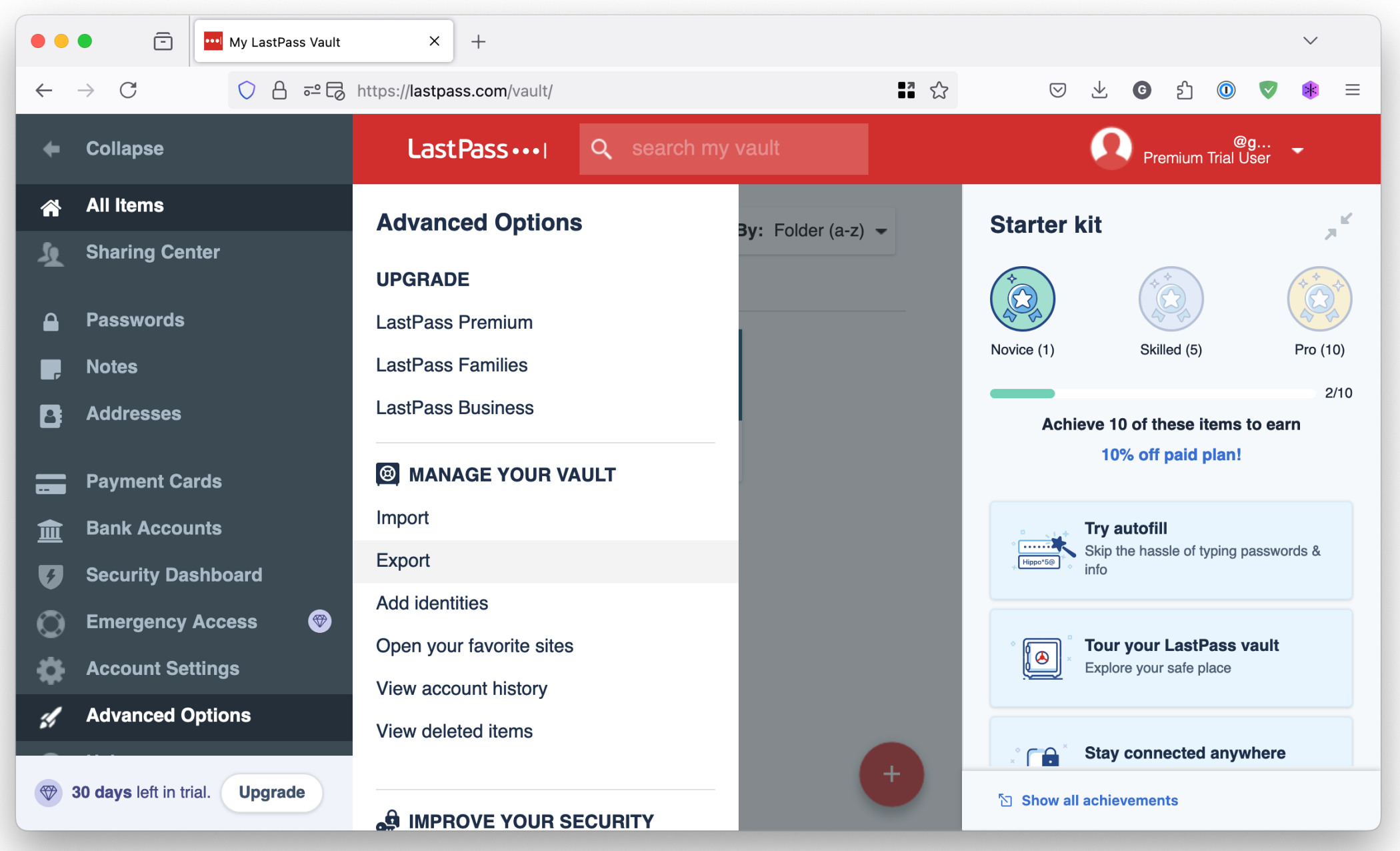 Опция «Экспорт» в меню LastPass в веб‑интерфейсе