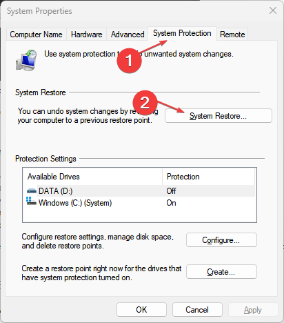 Вкладка защиты системы в свойствах системы