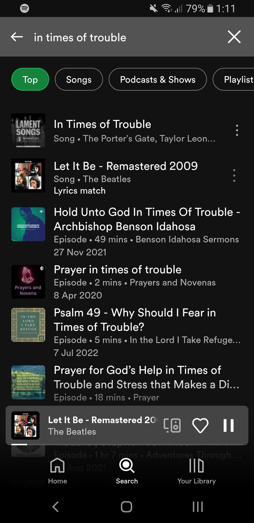 Результат поиска по тексту в Spotify для фразы 'in times of trouble'