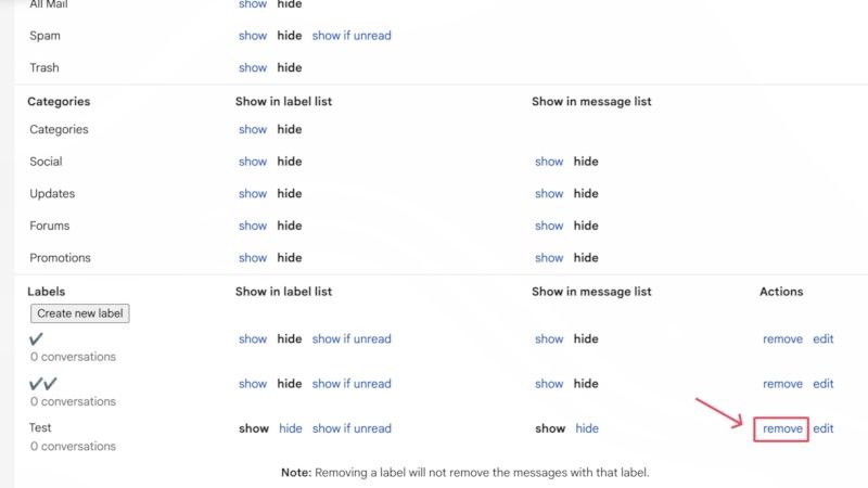 Удаление метки в настройках Gmail