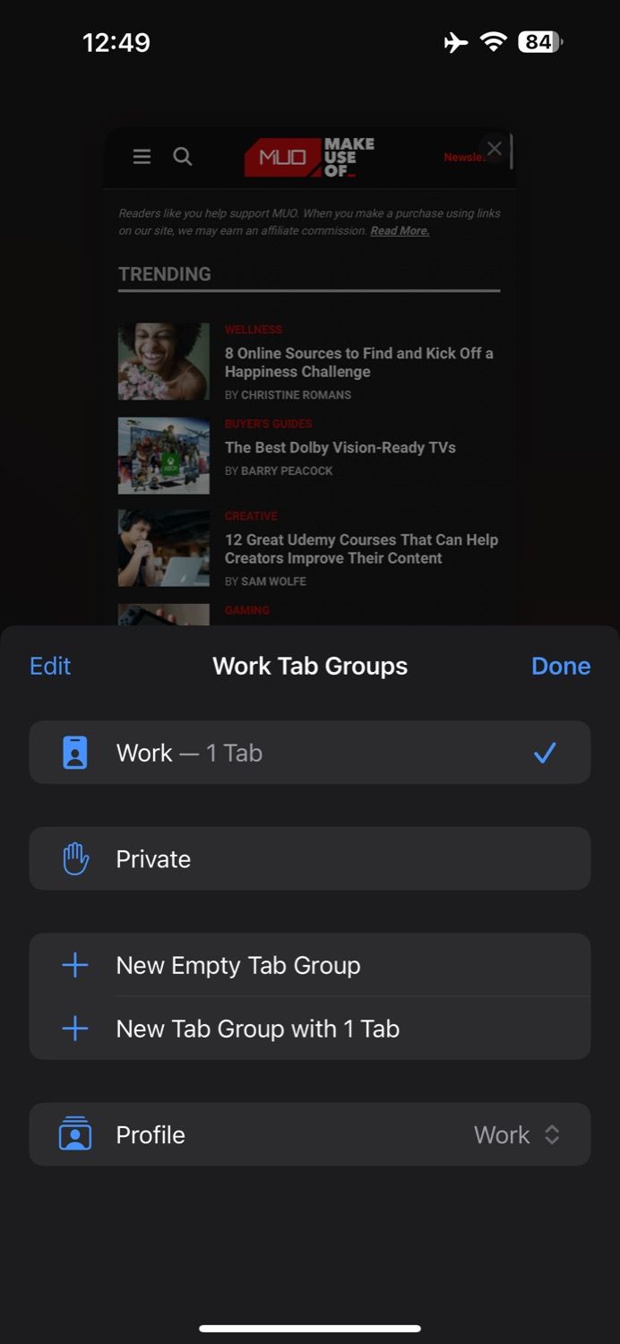 Выбор профиля для переключения в Safari на iPhone