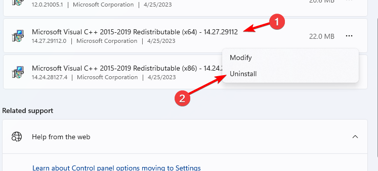 Удаление пакета Microsoft Visual C++ Redistributable 2015-2019