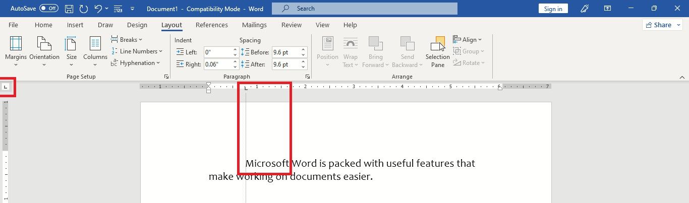 Установка левого табулятора в Word