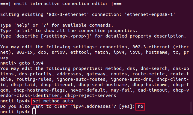 Установка метода ipv4 на auto в интерактивном редакторе