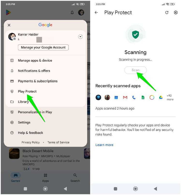 Play Protect scannt ein Android‑Telefon