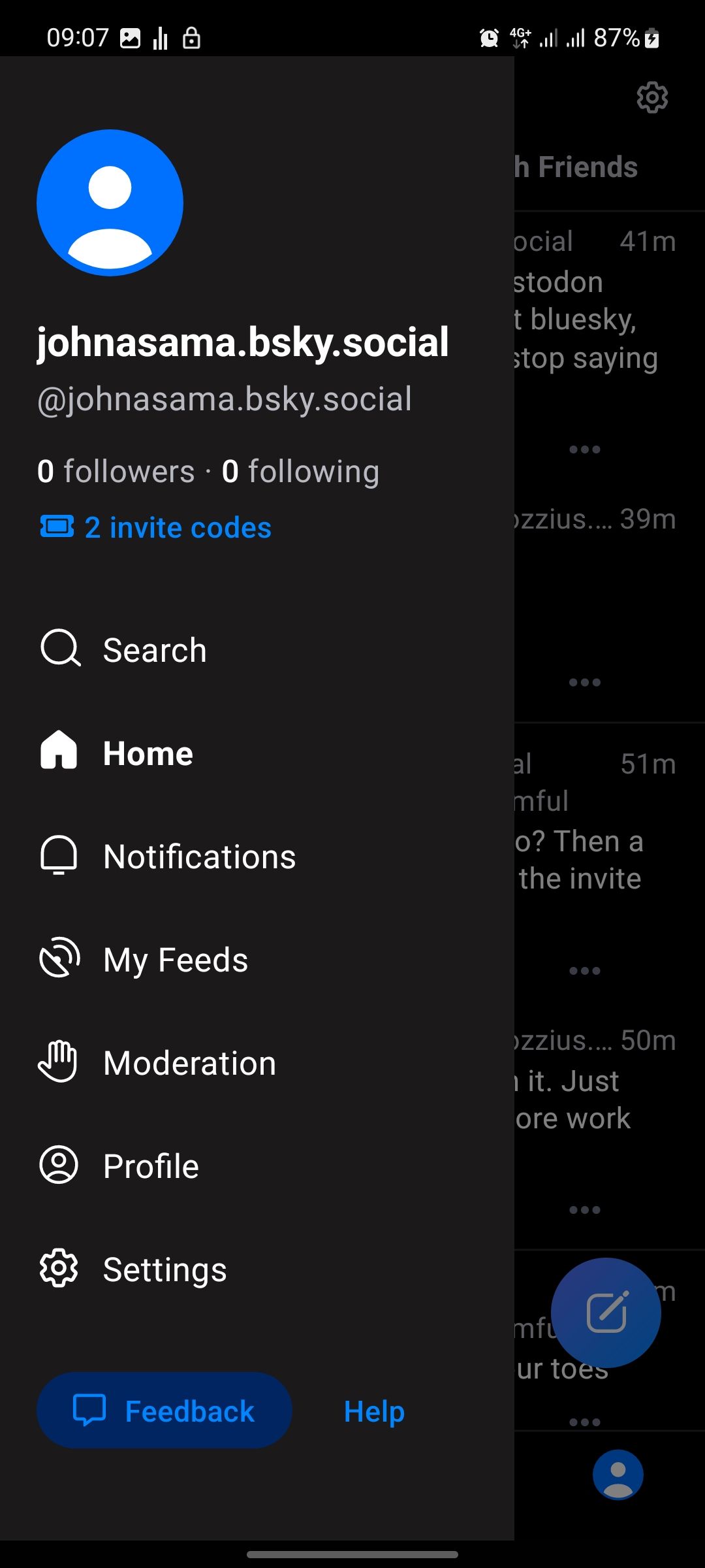 Вкладка меню Bluesky с пунктами навигации