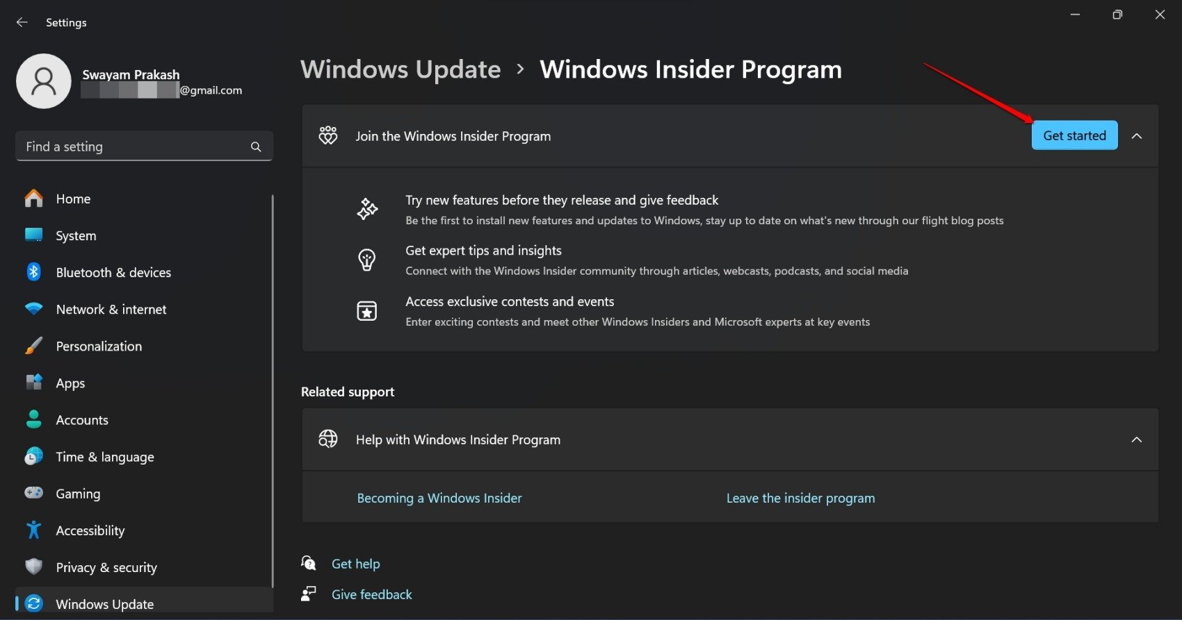 Запуск Windows Insider Program — кнопка Get Started
