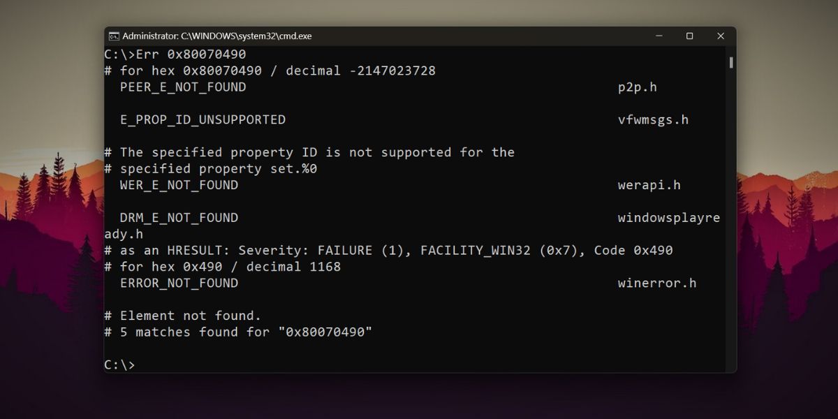 Проверка кода ошибки 0x80070490 в Microsoft Error Lookup Tool