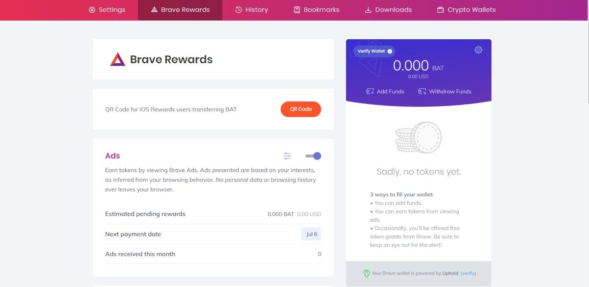 Настройки рекламы в Brave: выбор количества уведомлений и таргетинга по штату.